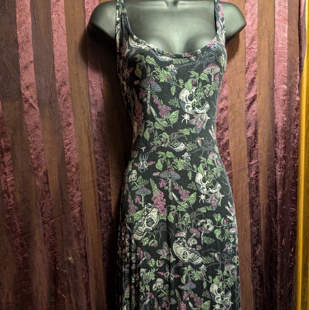 VINTAGE SOURPUSS Botanical Mushroom Floral Skull Maxi Dress M-XL Whimsygoth Goth